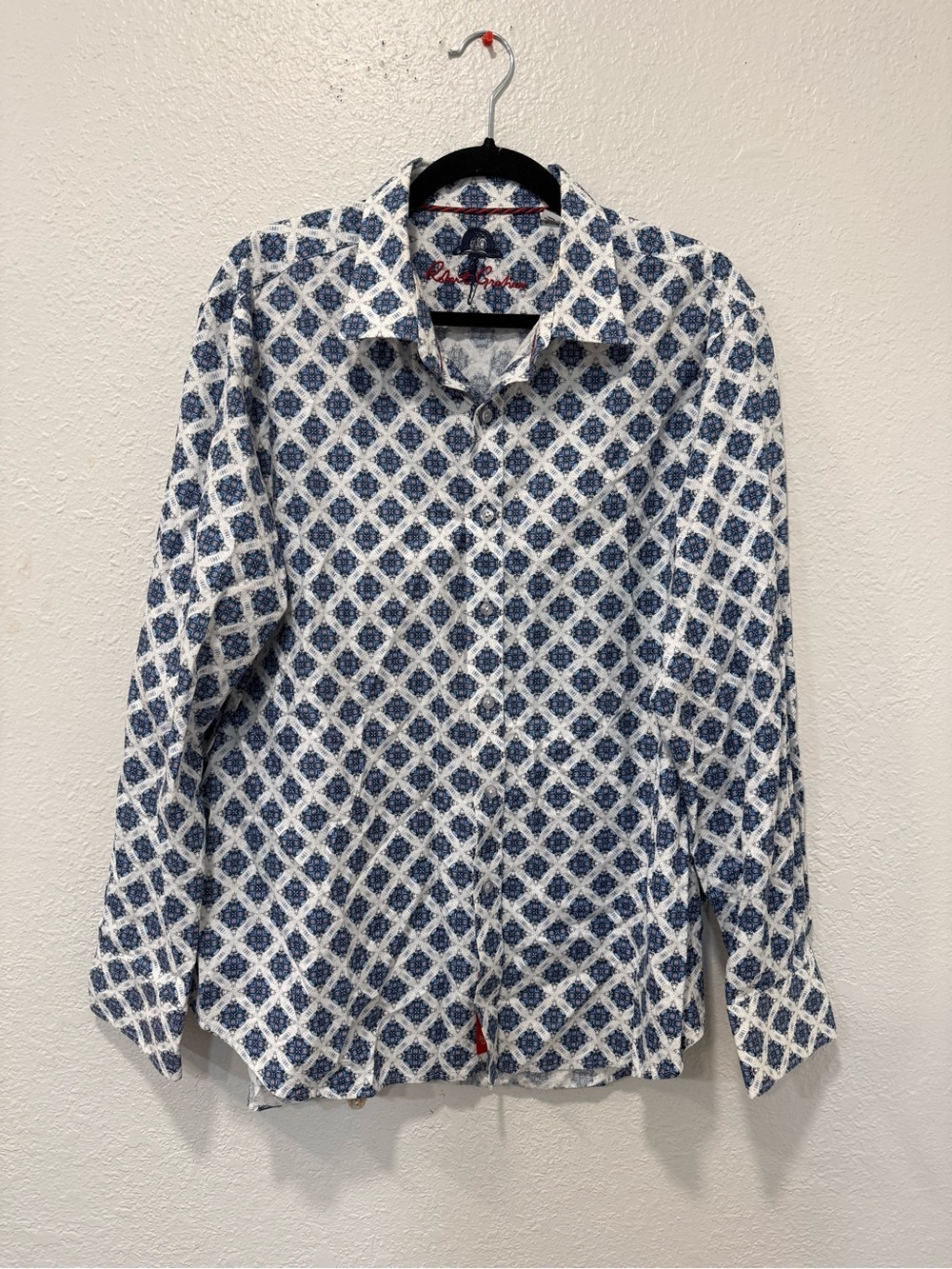 Robert Graham Men’s XL Classic Fit Blue White Geometric Print Button Front Shirt